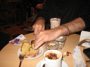 Francis loved his submarino (hot chocolate); the budin was too dry